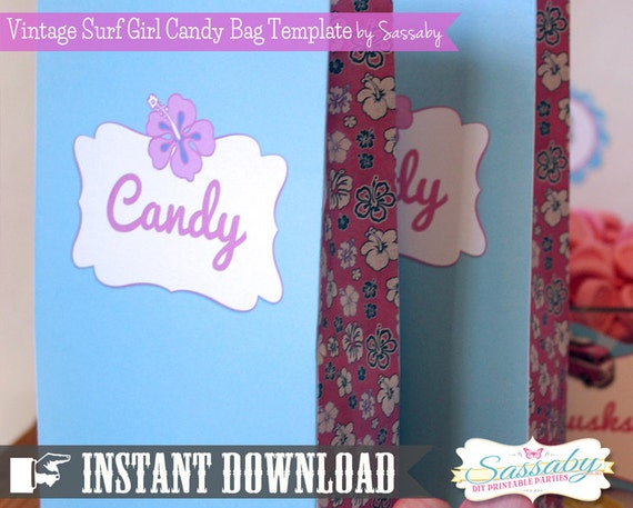 Vintage Surf Girl Party Bag Template - INSTANT DOWNLOAD - Printable Birthday Decorations by Sassaby Il_570xn