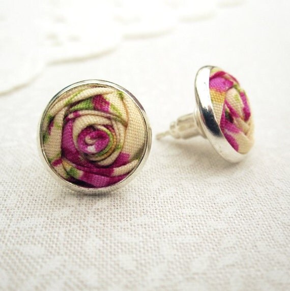Items similar to Wild Roses Fabric Earrings Flower Earrings Cerise Pink, Buttermilk & Apple