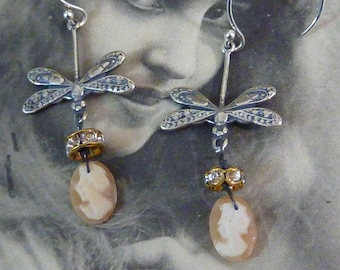 Vintage Antique Assemblage Earrings DRAGONFLY tiny cameo earrings