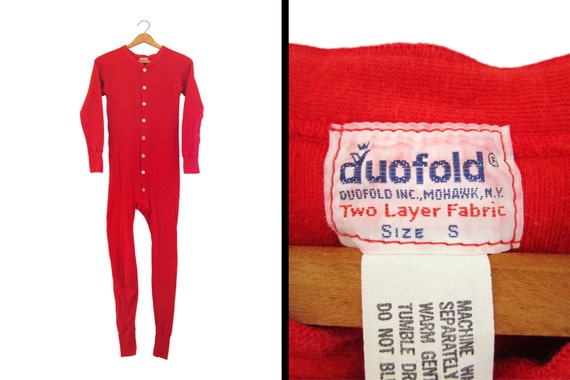 Vintage 70s Red Union Suit Duofold Wool One Piece Long Johns