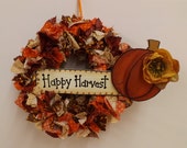 Autumn Wreath, Fall Wreath, Thanksgiving Decor, Harvest Wreath, Happy Harvest Sign, Autumn Rag Wreath, Pumpkin Wreath