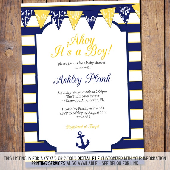 Nautical Boys baby shower invitation modernyellow and navy