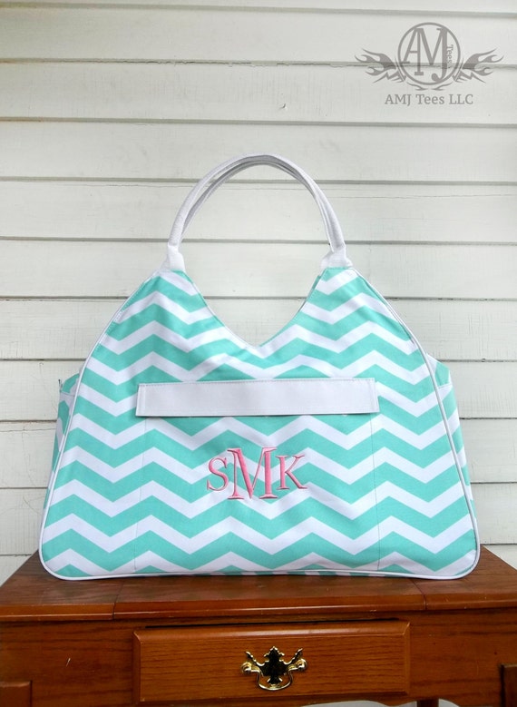 Monogrammed Large Mint Chevron beach bag tote, personalized gift for ...