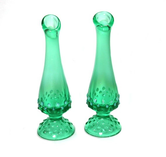 Green hobnail vase. opalescent cameo glass. footed. pair available. SALE 25% off