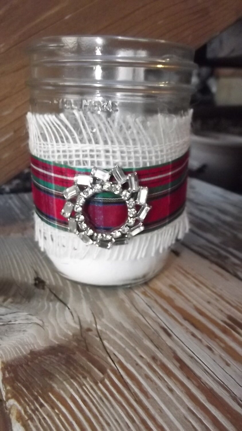 Country Christmas mason jar candle tea light decoration with embelishment