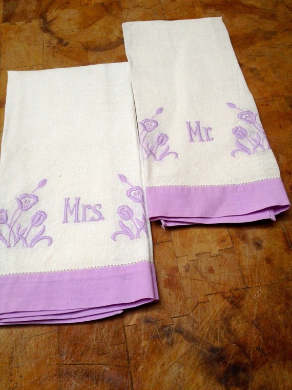 Vintage Pair Fingertip Guest Towels Lavender Mr. and Mrs