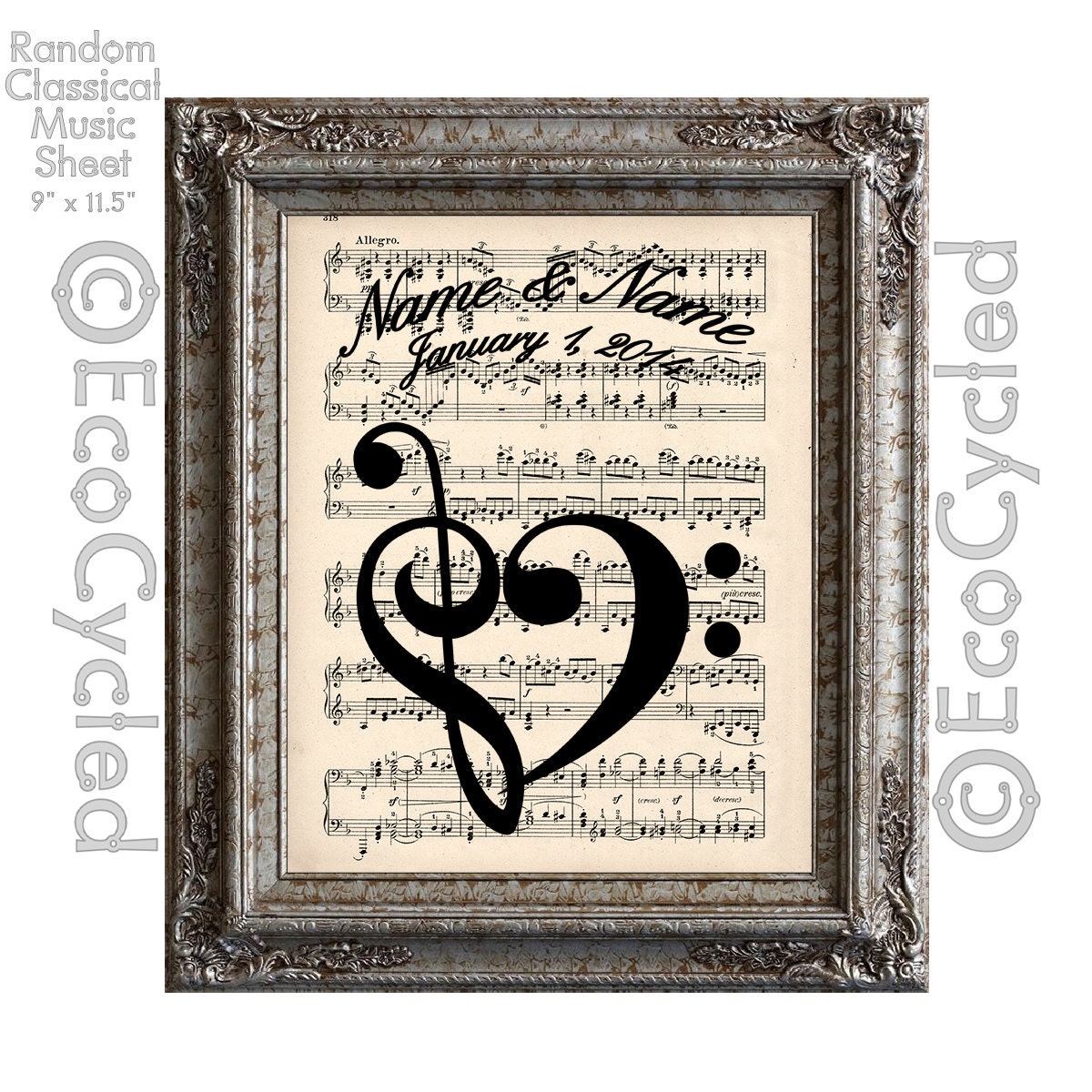 Treble Clef Bass Clef Heart with Names & Date Musical Symbols