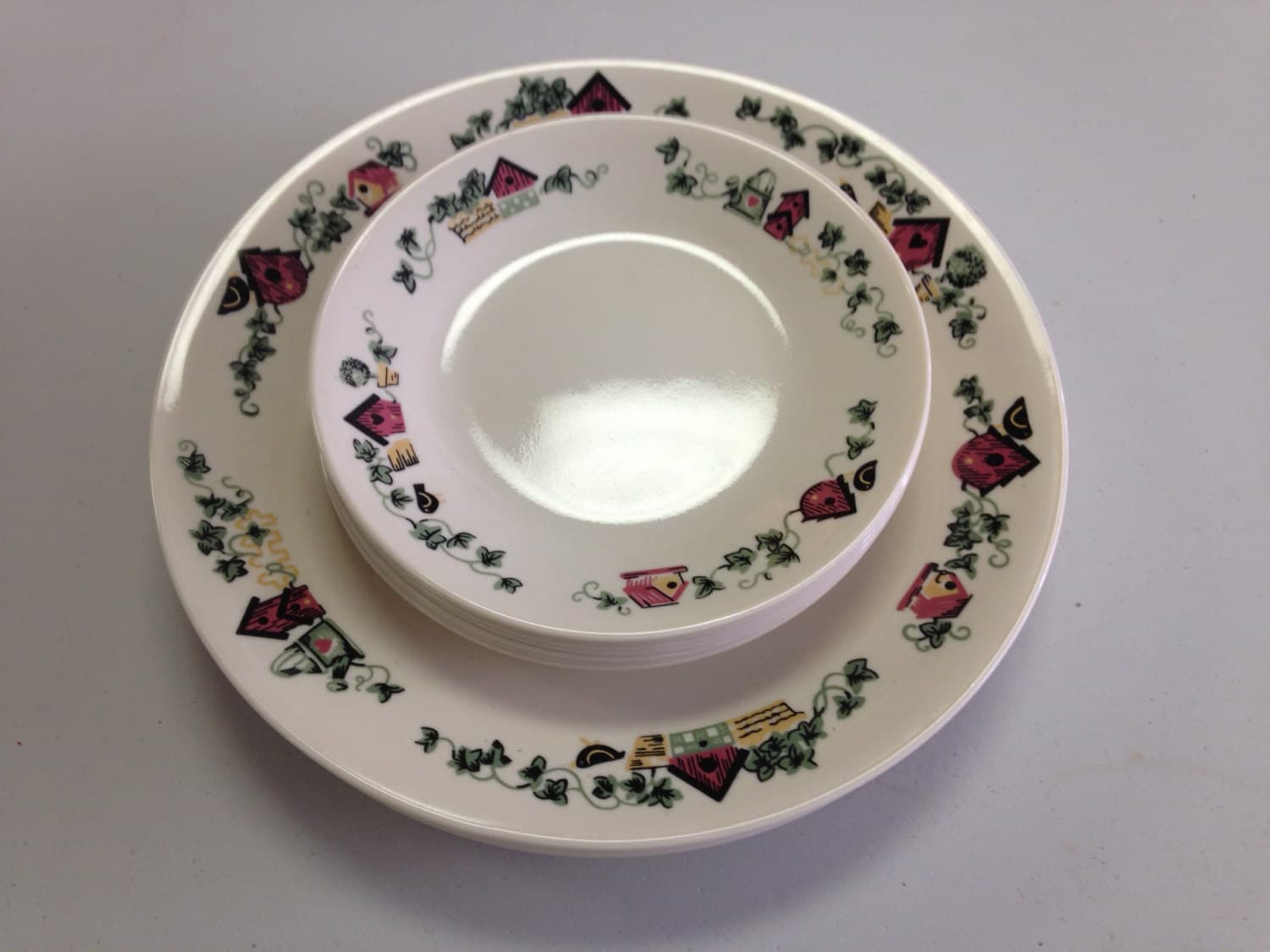 Corelle Garden Home Bird houses. 7 dinner plates 7 by dpdesign