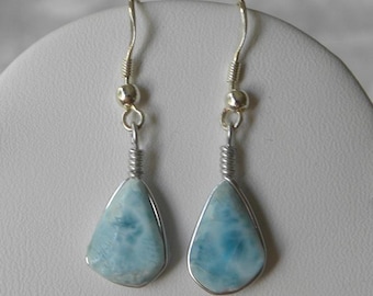 Larimar Earrings Handmade Dominican Sky Blue 12x8mm Cabochons 1 3/4" Sterling Silver Semiprecious Gemstone Take 20% Off Women's Jewelry Sale