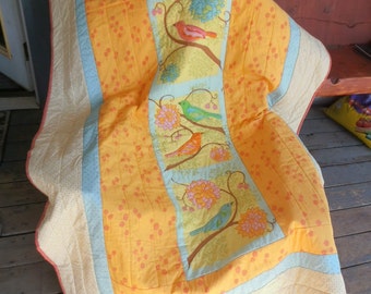 Bird Quilt, Flower Quilt, Springtime Quilt, Whimsical Quilt, Orange Quilt, Blue Quilt, Green Quilt