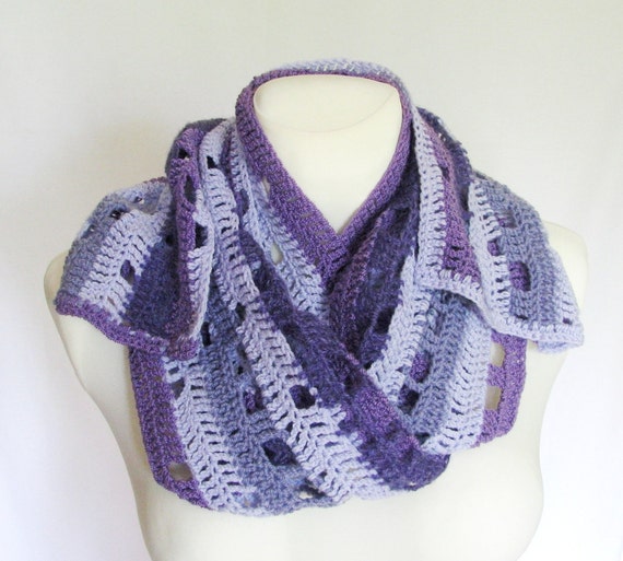 Crocheted long purple striped scarf purple and lilac shades