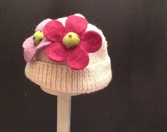 Hand knit baby hat.