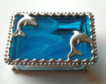 Stained Glass Jewelry Box|Ring Box|Trinket Box|Dolphins|Turquoise|Jewelry|Jewelry Storage|Handcrafted|Made in USA