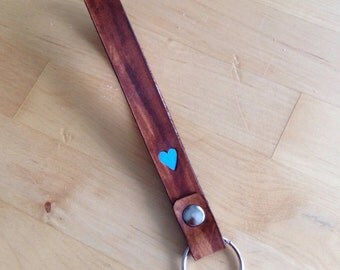Leather Heart Wristlet Lanyard Key Fob Personalized Turquoise and Distressed Java Brown Monogrammed-Love That Leather
