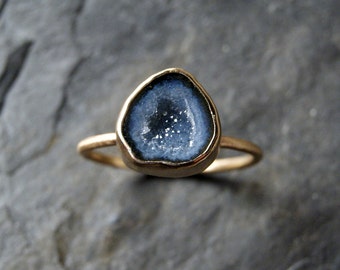 Small Geode Druzy Ring in Solid 14K Yellow Gold - CUSTOM MADE