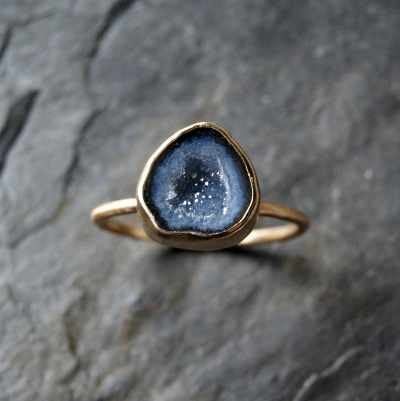 Small Geode Druzy Ring in Solid 14K Yellow Gold CUSTOM MADE