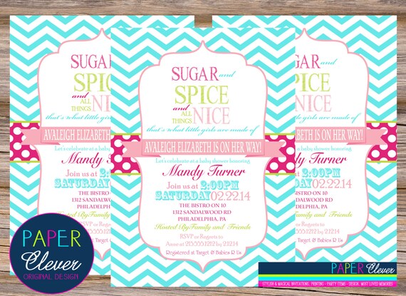 Sugar & Spice girls baby shower invitation - aqua, pink, # 106 digital file, printable Il_570xn