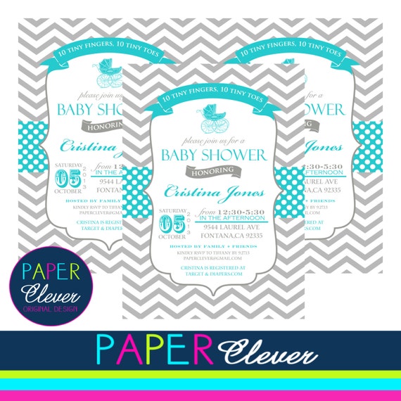 Neutral Baby shower invitation, carriage, aqua blue - digital file, printable #185 Il_570xn