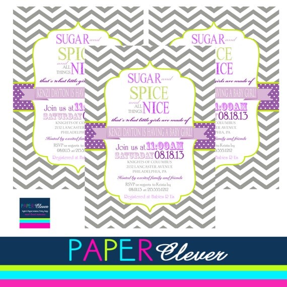 Sugar & Spice girls baby shower invitation, purple, green - digital media, printable file (#05670) Il_570xn