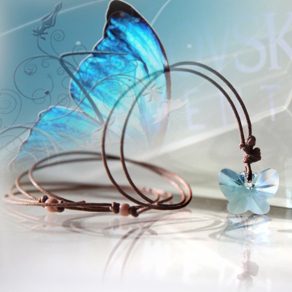 CRYSTAL BUTTERFLY pendant necklace on cord - Aquamarine - baby blue