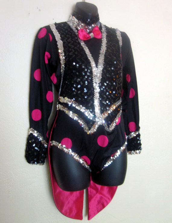Vintage Tuxedo Leotard Dance Costume. Black and Hot Pink