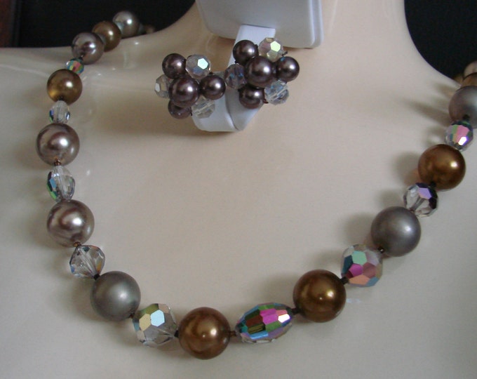 Aurora Borealis Glass Bead Necklace & Earrings / 50s / 60s / Ash Grey / Beaver Beige / Amber / Vintage Jewelry / Jewellery