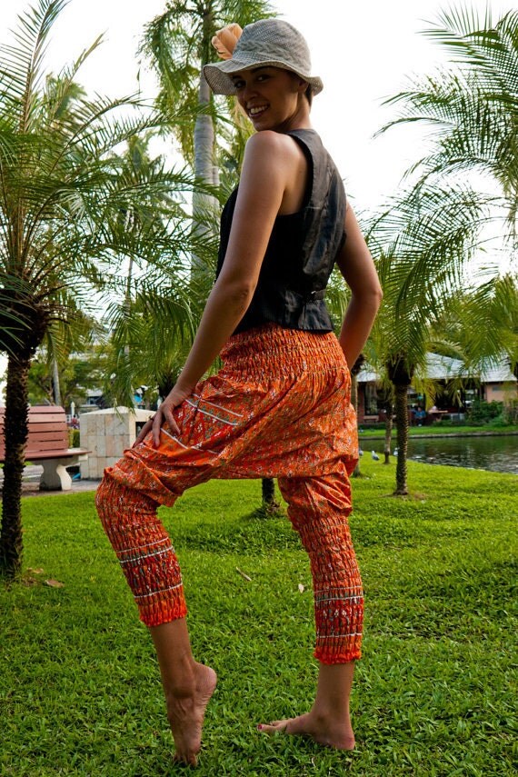 Long Tight Thai Pants Cotton Batik Orange w Red/Gold Royal