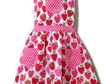 Retro Style Apron, Children's Apron, Little Girl Apron, Cooking Apron, Toddler Apron, Strawberry Apron, Girl Apron, Baking Apron, Kids Apron