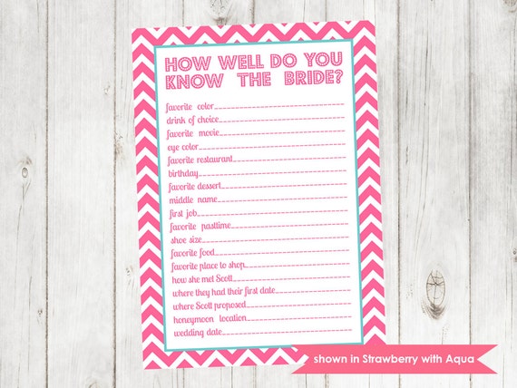 Bridal Shower Game - Printable Shower Themed Chevron Know the Bride Game - Colors Customizable Il_570xn