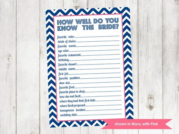 Printable Bridal Shower Game - Shower Themed Chevron Know the Bride Game - Colors and Text Customizable Il_570xn