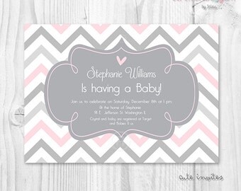 Pink and grey baby shower girl invitation, chevron baby shower girl invitation, print at home baby shower invitation, printable invitation