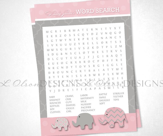 Elephant Baby Shower Word Search Game Pink DIY Printable