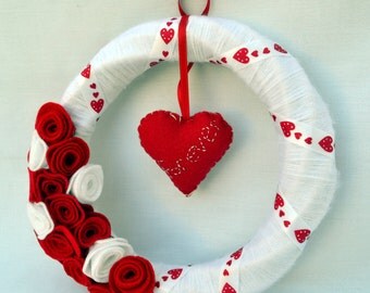 Hearts and flowers forever yarn felt wreath, decoration, wedding gift, valentines day decor