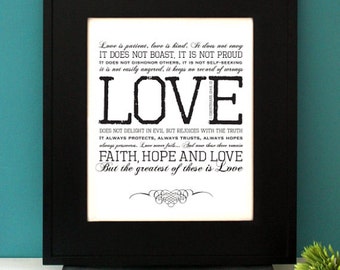 1 Corinthians 13:4-8 LOVE, Custom Initials, gift for Wedding, Inspirational Quote, Love is Patient, Love is Kind, Subway Art. Unframed