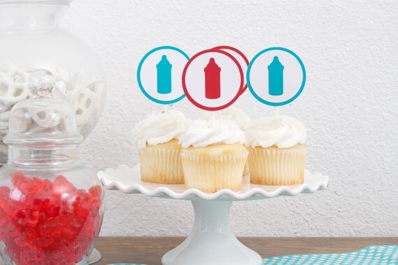 Set of 12 Bottle Cupcake Toppers, Red and Turquoise, Baby Shower Cupcake Toppers, Bottle Baby Shower Decor, Bottle Shower Theme Il_570xn