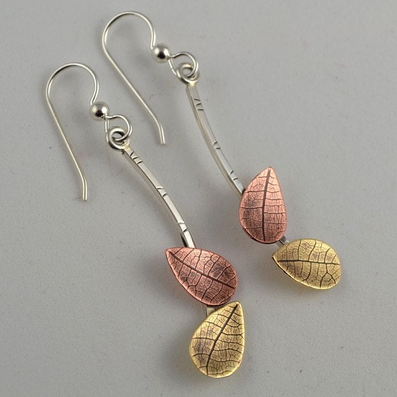 Mixed Metal Earrings Dangle Metal Earrings Copper Leaf
