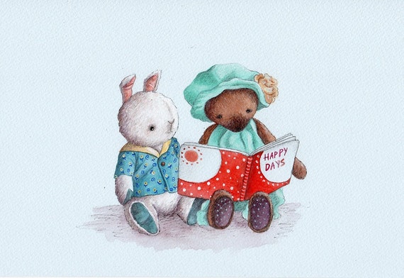 Nursery Art Print, Teddy Bear and Bunny Reading a Story