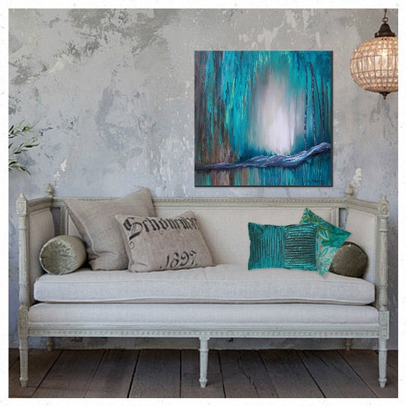 Large wall art canvas Turquoise Abstract painting Teal home