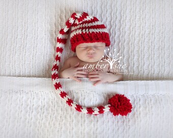 Crochet Baby Hat Christmas Pixie Photo prop Red White Striped Santa hat newborn infant Candy cane