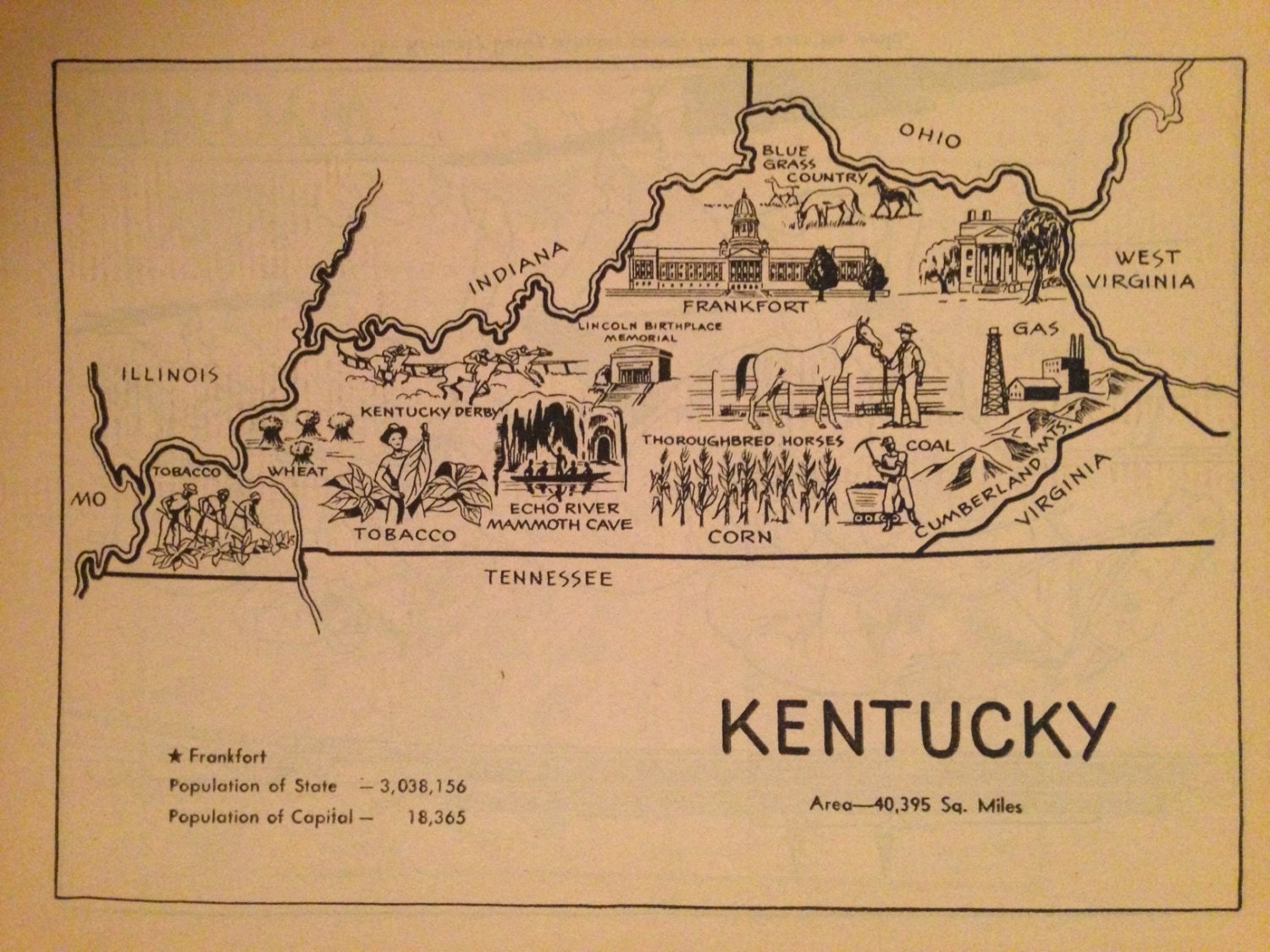 Retro Kentucky Map Page / Vintage Map Art / KY State Map Print