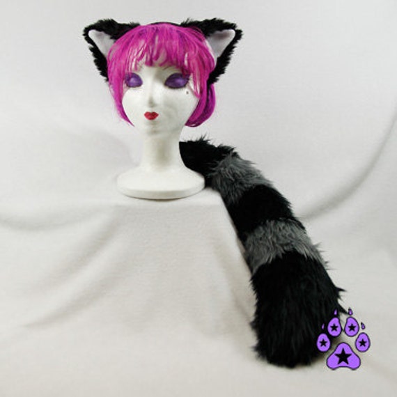 Raccoon Ear and Tail Black and Grey Combo Costume Halloween