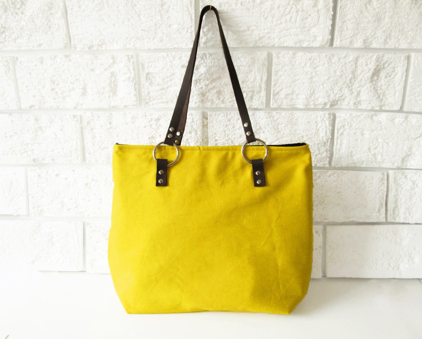 Lemon Yellow Tote bag Canvas and leather tote Lemon by byMART