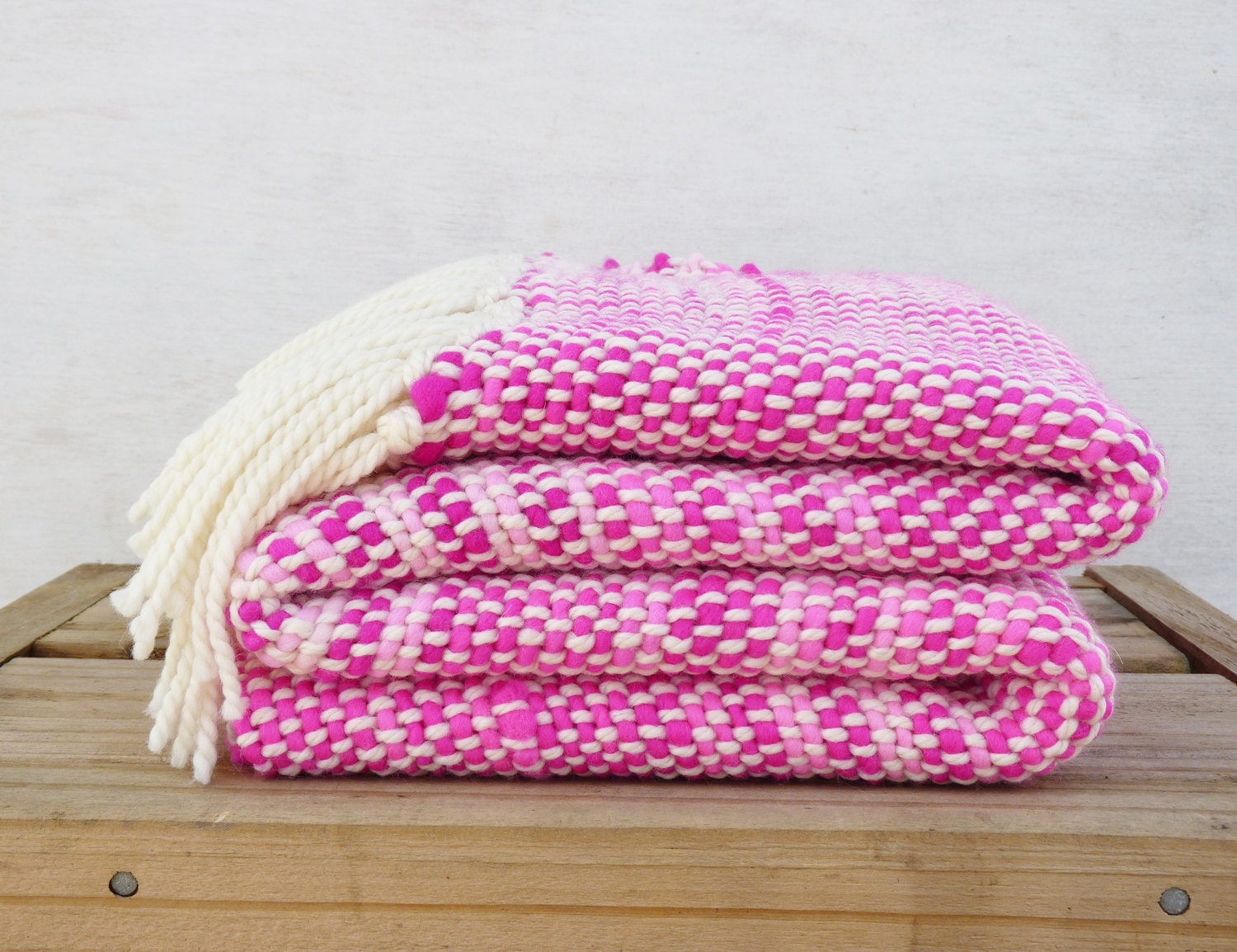Woven Blanket Neon Pink handwoven wool wrap by TexturableDecor