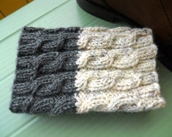 Hand knitted 2 ways to wear Boot cuffs Cable knit Ivory tweed with Dark Grey Boot Cuffs Leg Warmers Boot Toppers
