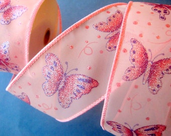Sheer Wired Butterfly Glitter Ribbon, Pink, 2 1/2 inch wide, 1 yard, For Gift Packing, Wreaths, Center Pieces, Home Decor, Romantic Crafts.