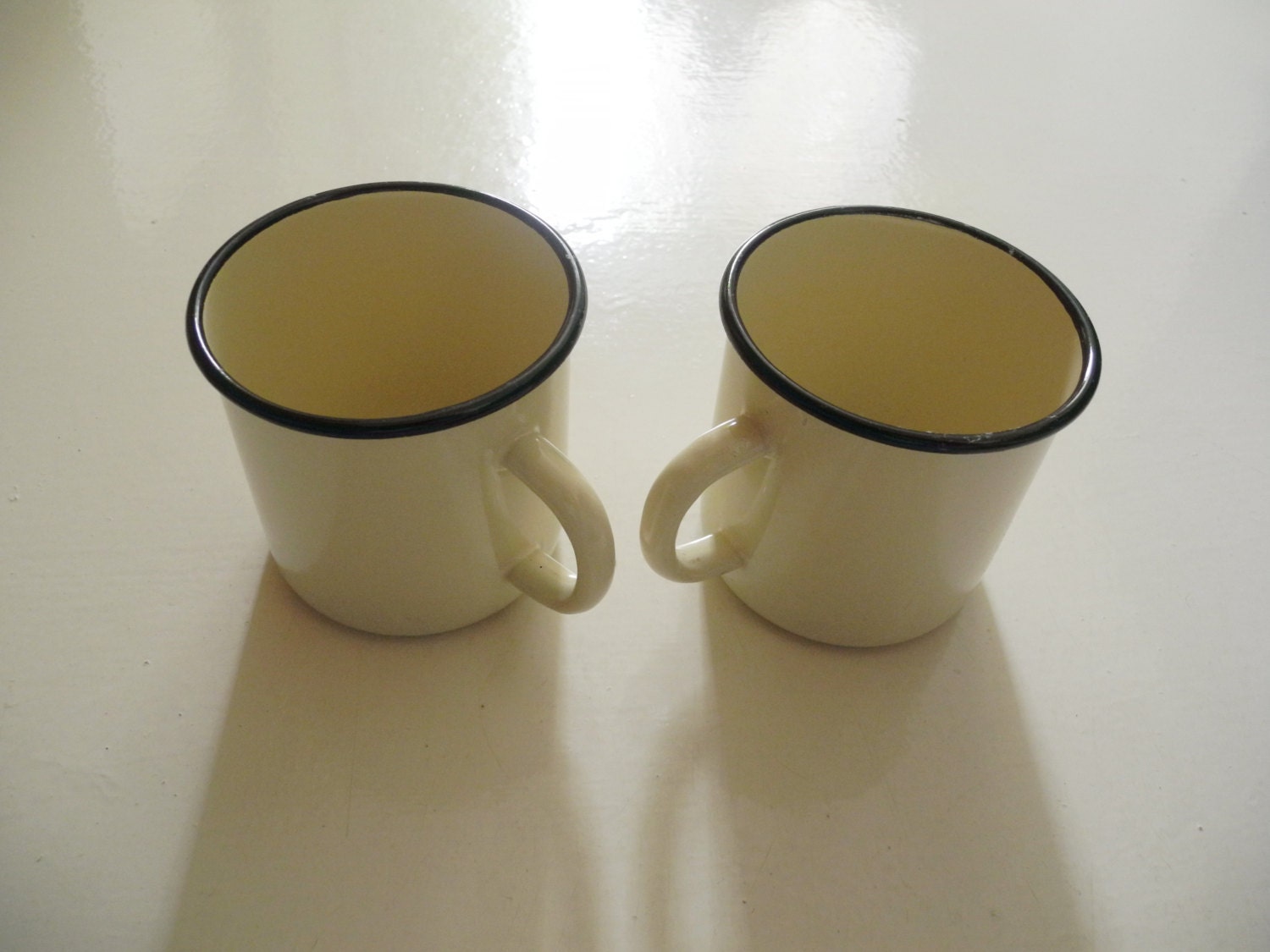 Vintage Soviet enamelware mug, cup  white  and black from USSR    set of 2 pieces