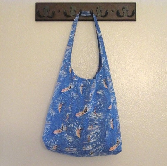 Blue Surfer Fabric Tote Bag with Pockets Over the Shoulder