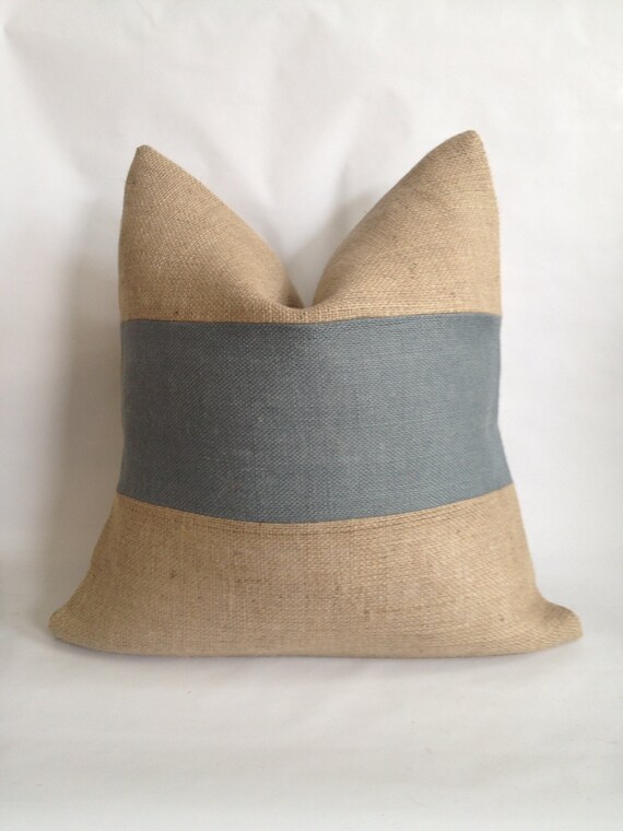 Items similar to Natural Burlap and Gray Horizontal Stripe Pillow Cover