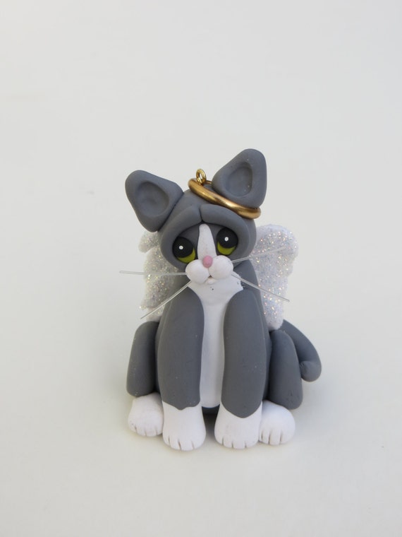 Gray Tuxedo Cat Christmas Ornament Angel Polymer Clay