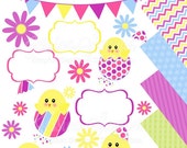 50% OFF - INSTANT DOWNLOAD - easter chick clipart and digital paper pack - easter clip art - printable pattered backgrounds - digital frames Il_170x135